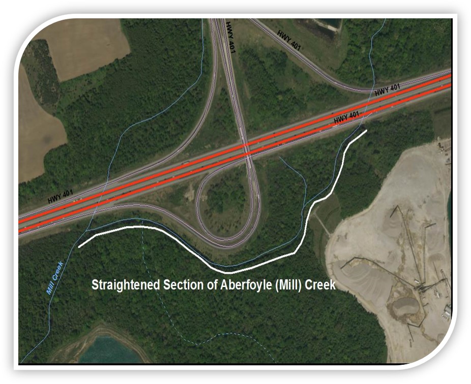Aerial view showing the existing Aberfoyle (Mill) Creek in the Highway 401 and Hanlon Expressway interchange area.