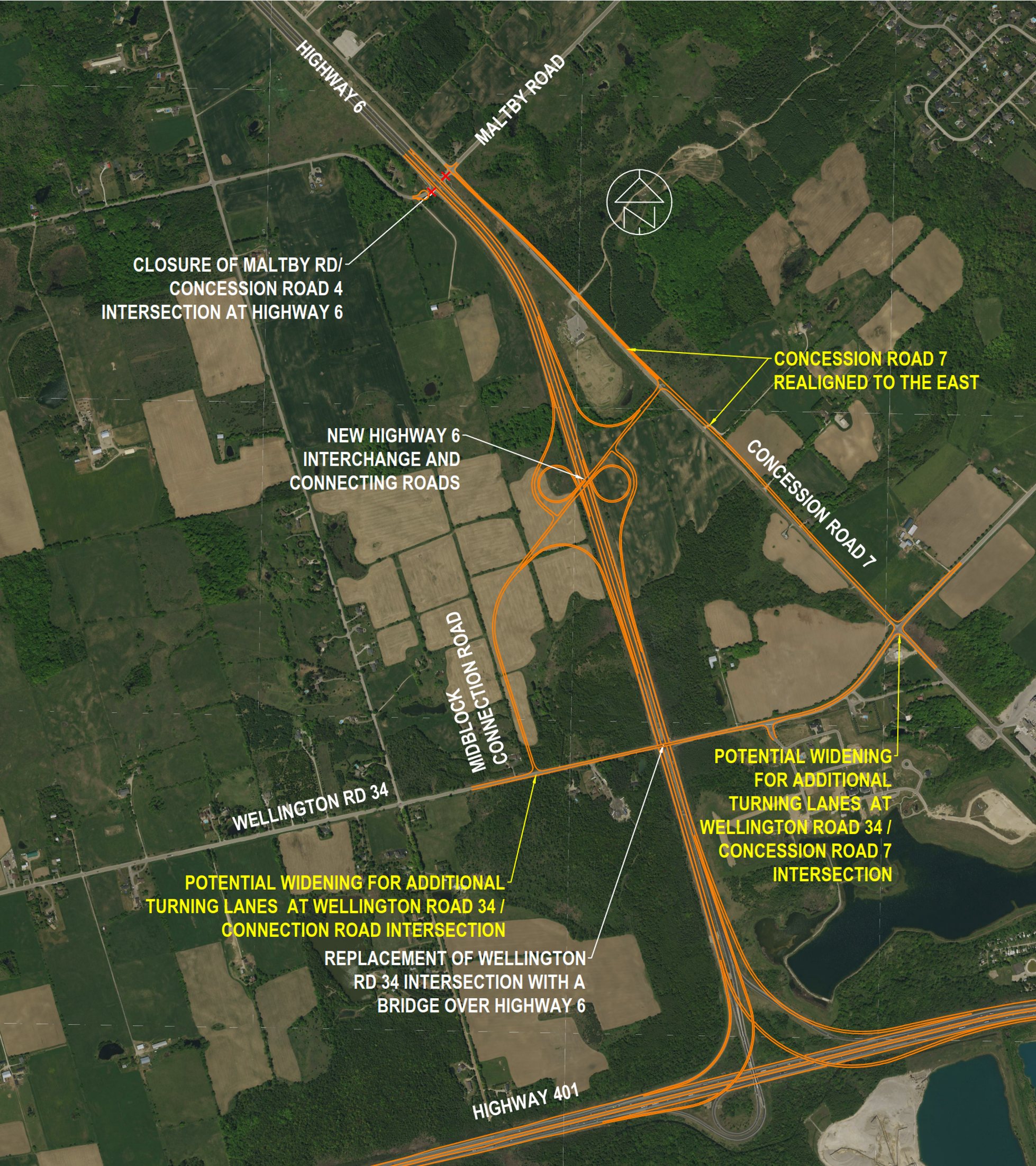 Aerial map displaying the proposed midblock interchange to access Concession Road 7 and Wellington Road 34 from the Hanlon Expressway. Map also displays proposed Concession Road 7 re-alignment slightly to the east.