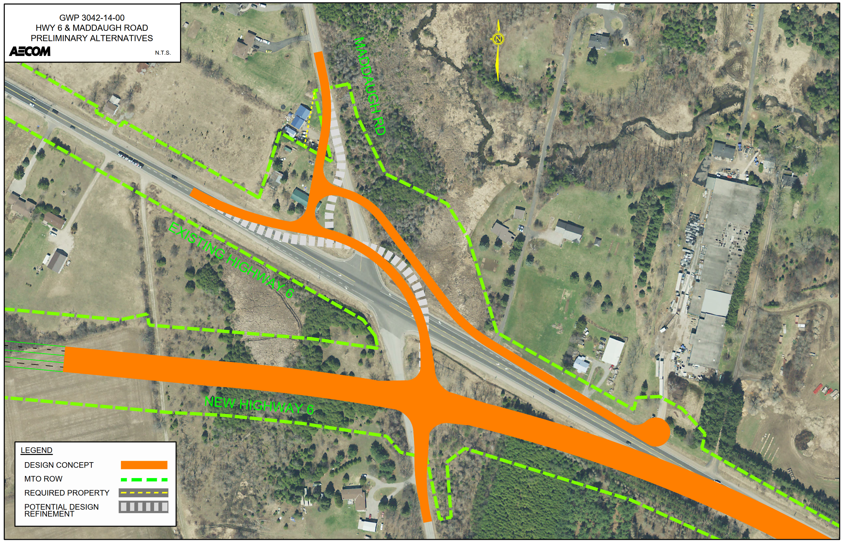 Aerial map displaying the refined design concept for Proposed Highway 6 and Maddaugh Road which shifts the intersection further to the northeast compared to the approved EA configuration.