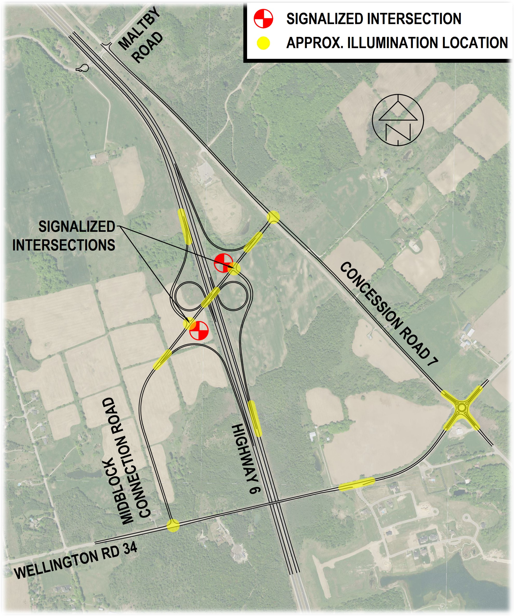 Aerial map depicting the signalized intersections and the approximate illumination locations within the Study Area