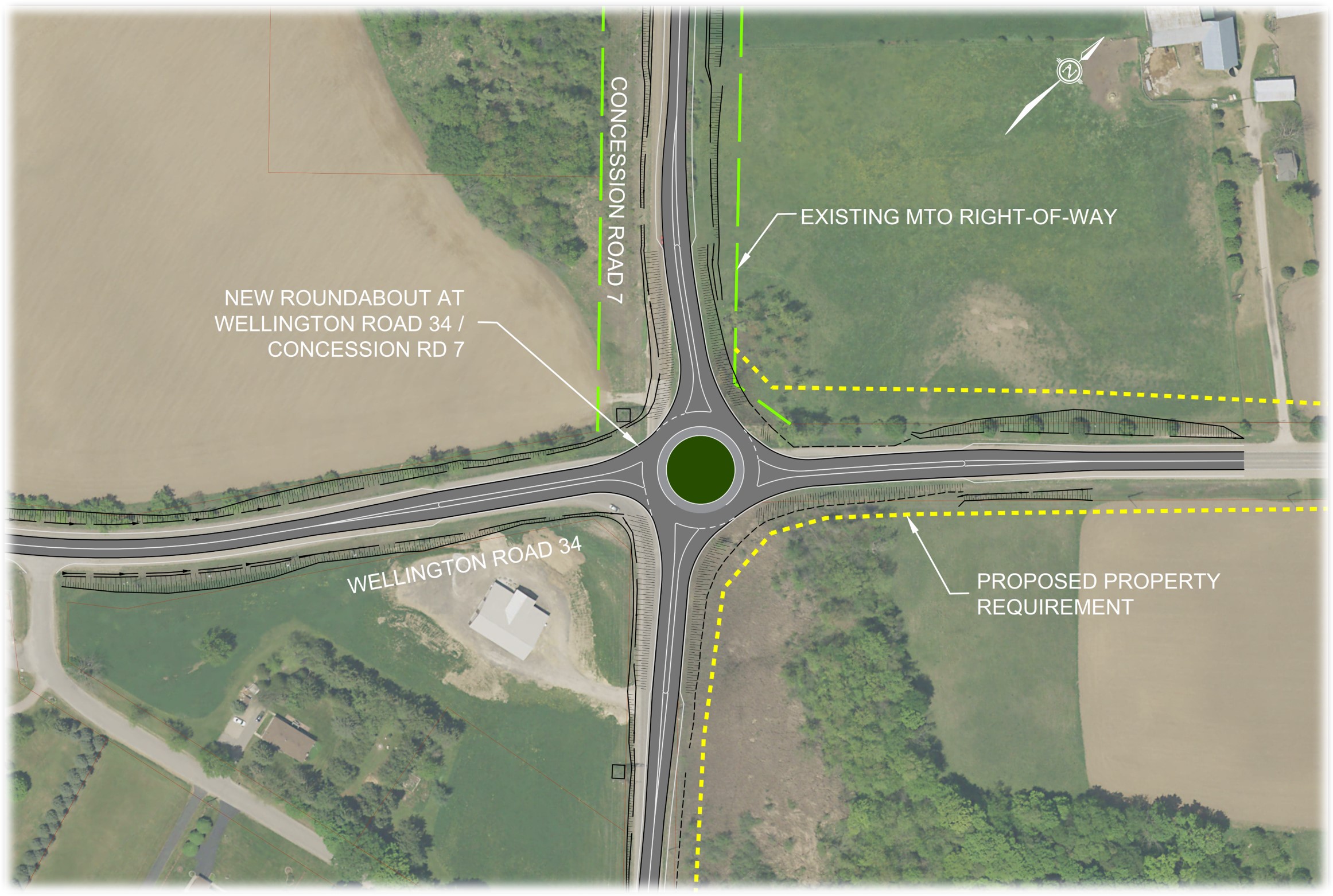 Aerial map of Wellington Road 34 at Concession Road 7 showing the recommended Roundabout, existing MTO right-of-way and proposed property requirements