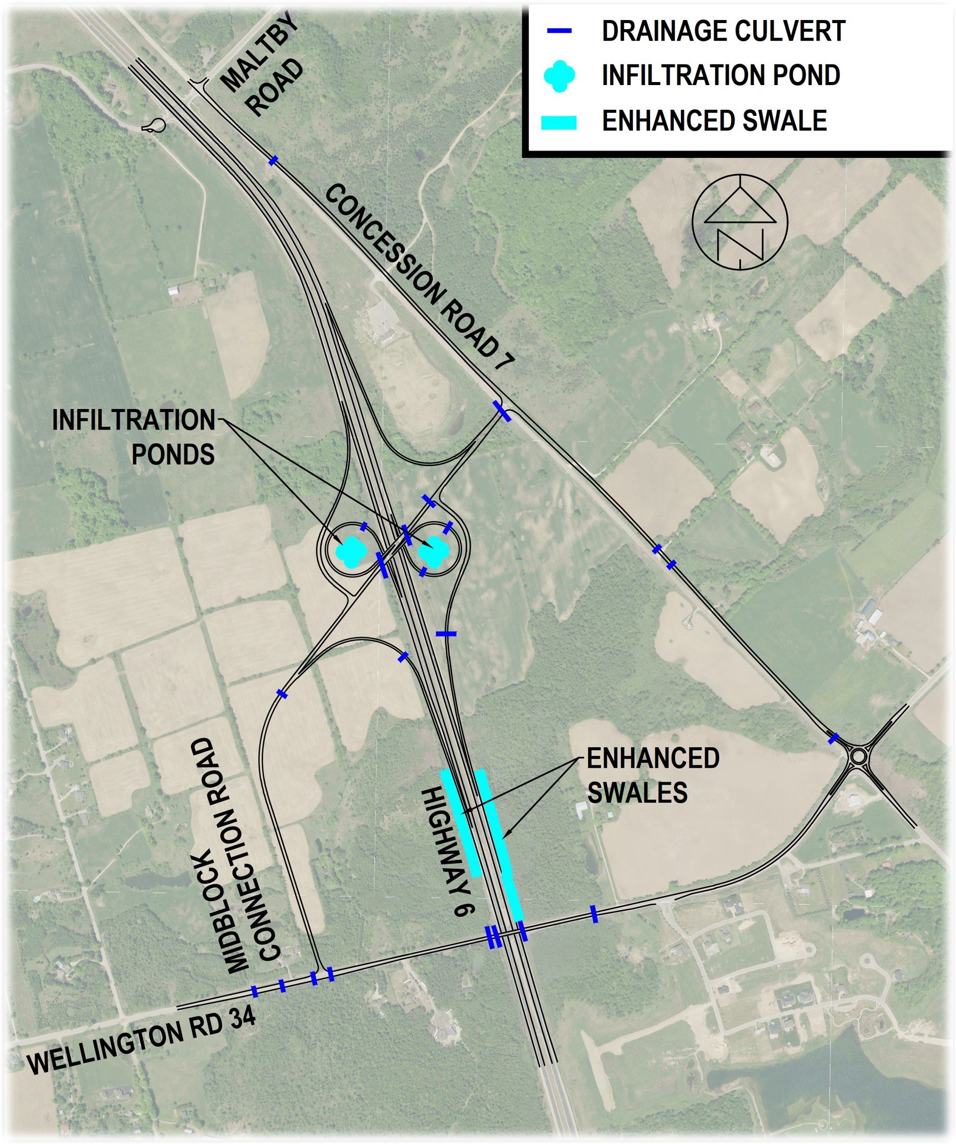 Aerial map depicting the recommended stormwater management features including drainage culverts, infiltration ponds and enhanced swales within the Study Area