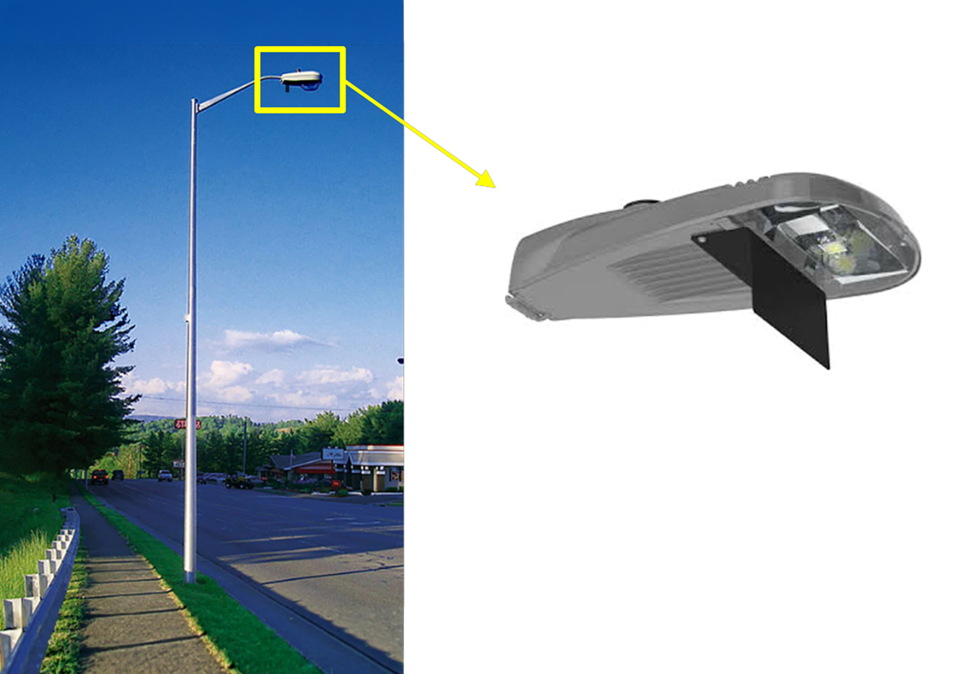 Streetlight pole with a mounted fixture featuring house-side shielding, with an inset close-up showing the light design.