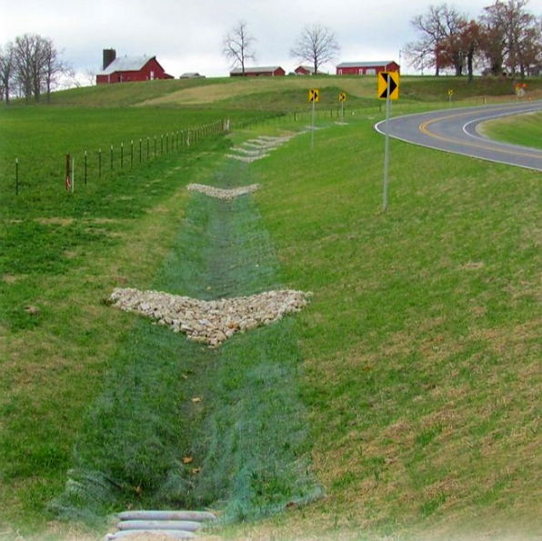 Examples of enhanced grass swales for roadside drainage using vegetation and rock check dams.