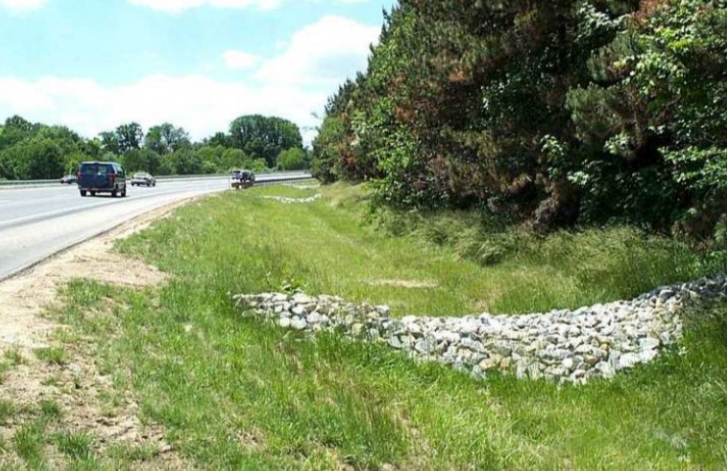 Examples of enhanced grass swales for roadside drainage using vegetation and rock check dams.