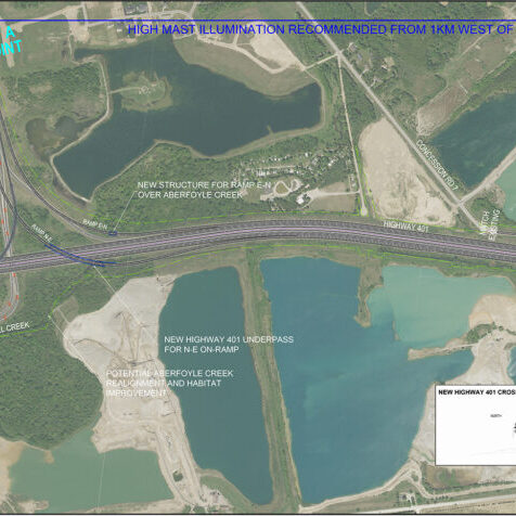 Aerial map 1 of 2 showing the recommended design plan for the Highways 6 and 401 Improvements Project. For more information on the recommended plan design please contact the project team.