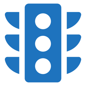 Blue icon of a traffic light with three circular lights and side shapes.