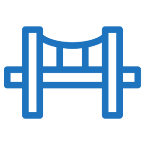 A blue icon of a bridge with two vertical pillars and three horizontal beams, the middle one curved upward.