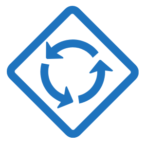 A blue diamond-shaped sign with three arrows forming a circular pattern inside.