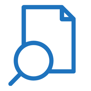 A blue icon of a magnifying glass positioned over a document.