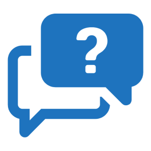 Two overlapping blue speech bubbles, with a white question mark in the front bubble.