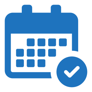 A blue calendar icon with a checkmark in a circle at the bottom right corner.