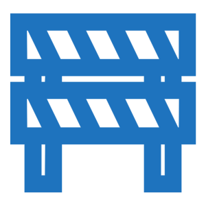 A blue icon of a construction barrier with two striped planks and two vertical supports.