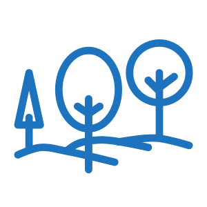 A blue line drawing of three trees on a hilly landscape.
