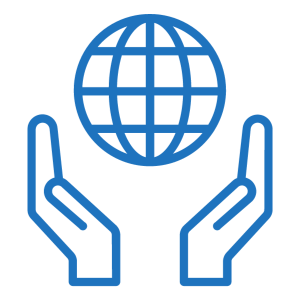 A blue icon of two hands holding a globe with latitude and longitude lines.