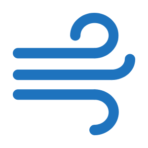 A blue icon representing wind or airflow with three horizontal lines and curved ends.