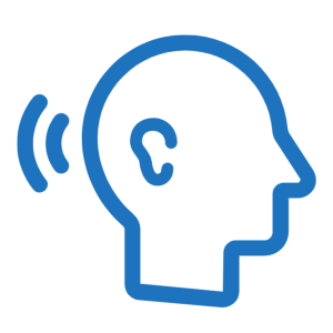 A blue outline of a human head in profile with an ear inside and three curved lines suggesting sound waves.