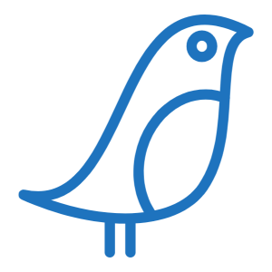 A simple blue line drawing of a bird in profile view facing right.