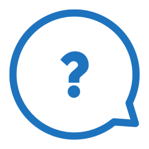 A blue speech bubble with a question mark inside.