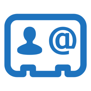 Blue icon of a contact card with a person silhouette and an email symbol.