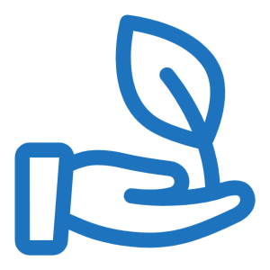 A blue icon of an open hand holding a small plant with one leaf.