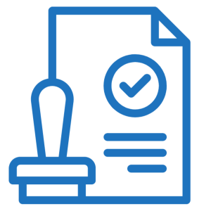 A blue icon of a document with a checkmark in a circle, three horizontal lines, and a stamp symbolizing approval.