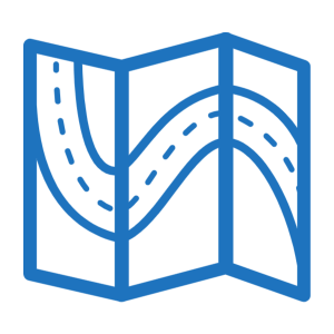 A blue icon of a folded map with a single wavy road, shown as a solid and dashed line.