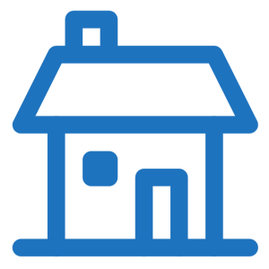 A blue icon of a house with a triangular roof, a door, a window, and a small chimney.
