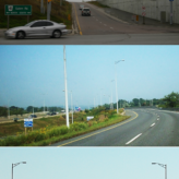Photos displaying different types of highway illumination and traffic signals. The photos displays a set of traffic signals at the end of a ramp,